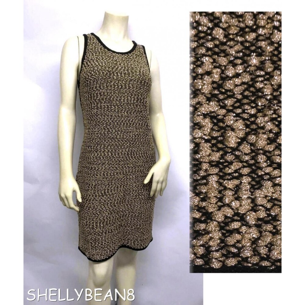 CARMEN MARC VALVO Sweater Cocktail Party DRESS Peach & GOLD METALLIC SPARKLE M L